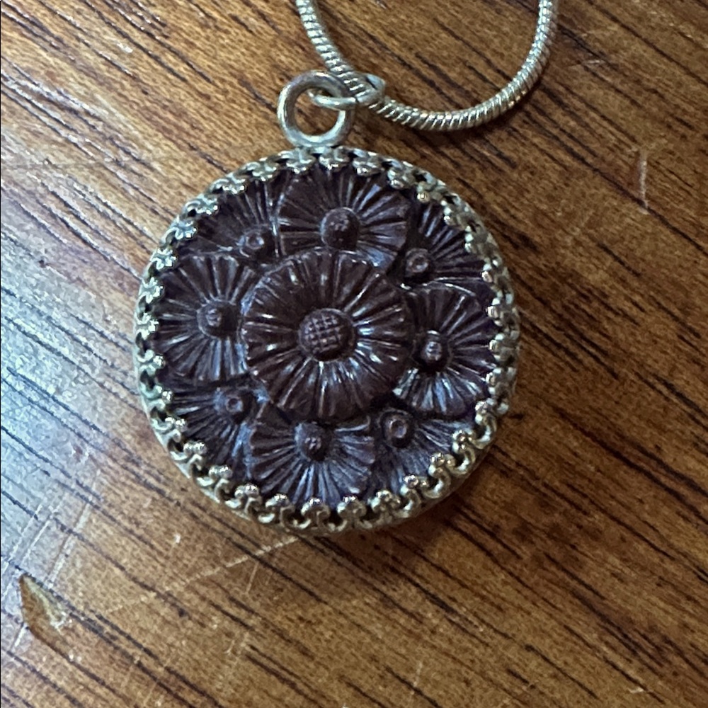 Vintage Brown Floral Button Pendant Necklace on Sterling Silver Chain